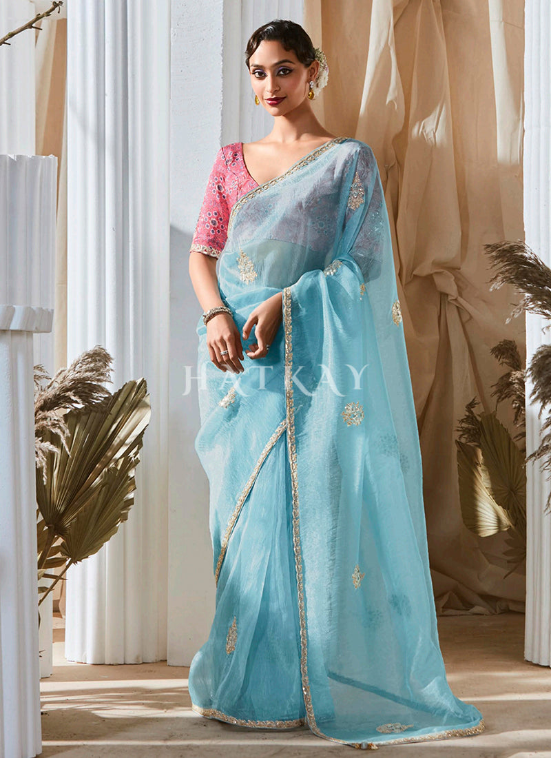 Sky Blue Party Wear Saree 