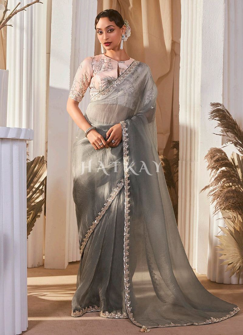 Grey Embroidered Party Wear Saree And Blouse