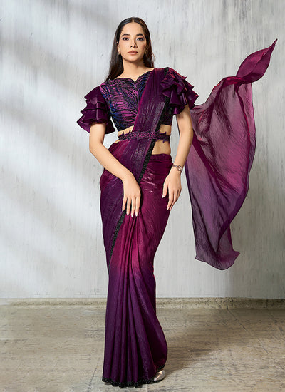 Shop Wine Designer Embroidered Party Wear Saree