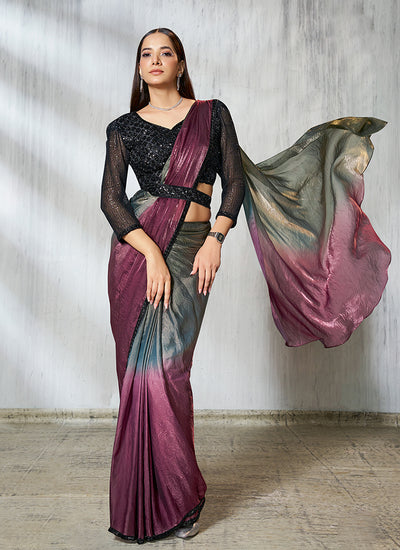 Shop Plum And Grey Designer Party Wear Saree