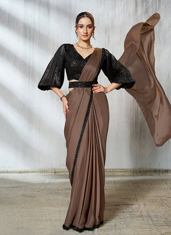 Brown Designer Embroidered Party Wear Saree