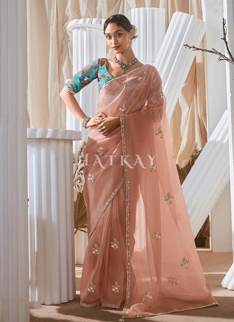 Peach Party Wear Saree And Blouse