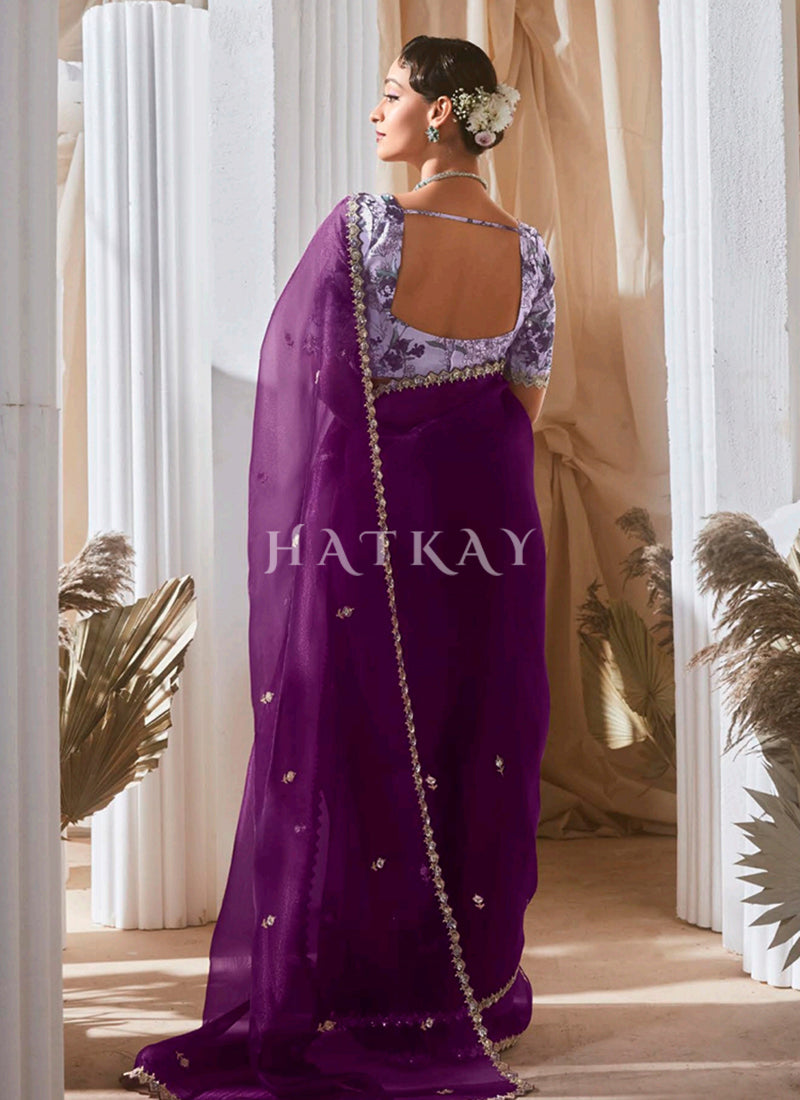 Buy Purple Partywear Sari In Uk