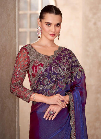 Royal Blue Red Embroidery Wedding Saree And Blouse
