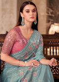 Buy Traditional Sky Blue And Pink Saree In UK