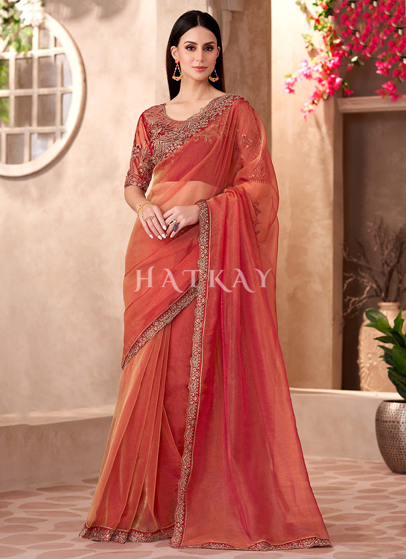 Orange Red Embroidery Wedding Saree And Blouse