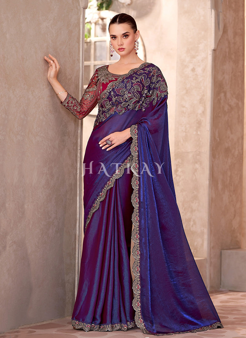 Royal Blue Red Embroidery Wedding Saree And Blouse