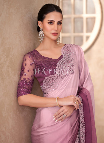 Pink Ombré Embroidery Wedding Saree And Blouse