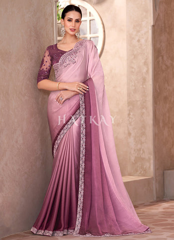 Pink Ombré Embroidery Wedding Saree And Blouse