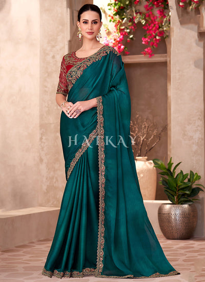 Turquoise And Red Wedding Saree