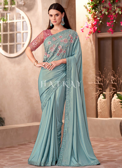 Sky Blue And Pink Wedding Saree