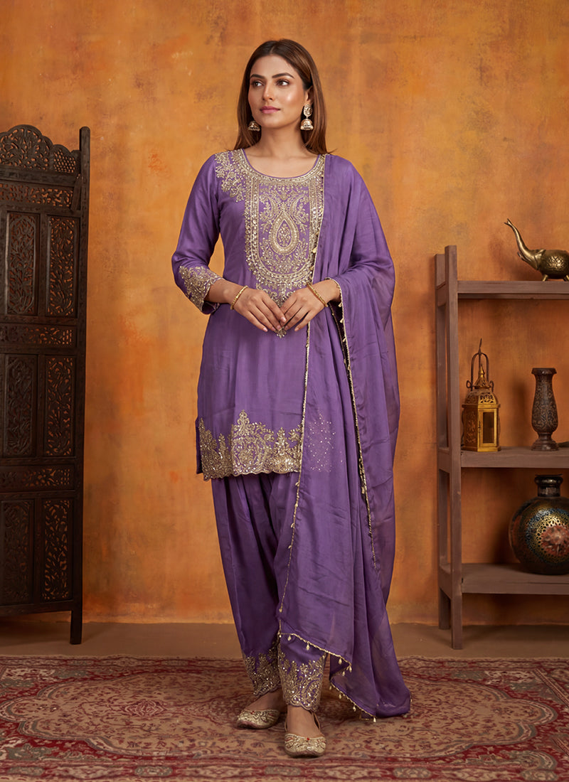 Purple Embroidery Tissue Silk Patiala Suit