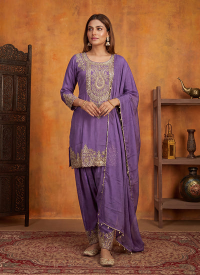 Purple Embroidery Tissue Silk Patiala Suit