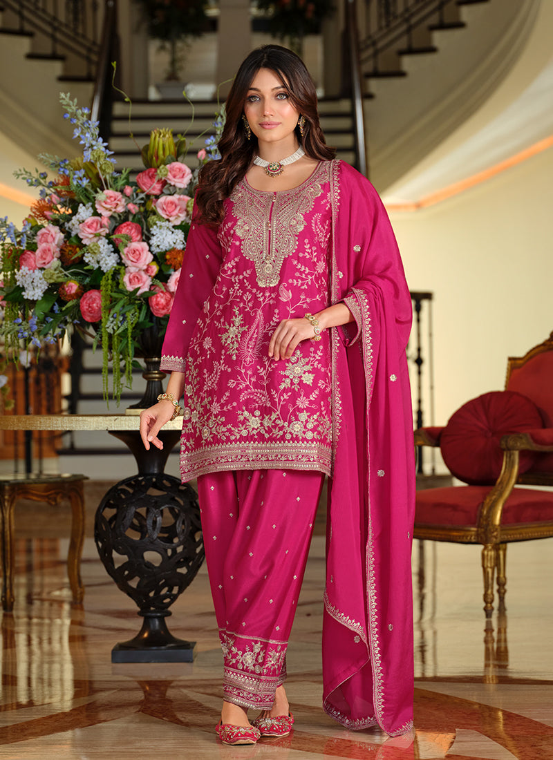 Magenta Embroidered Chinnon Silk Patiala Suit