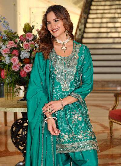Turquoise Embroidered Chinnon Silk Patiala Suit