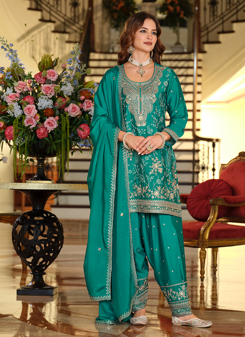 Turquoise Embroidered Chinnon Silk Patiala Suit