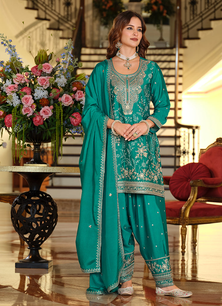Turquoise Embroidered Chinnon Silk Patiala Suit
