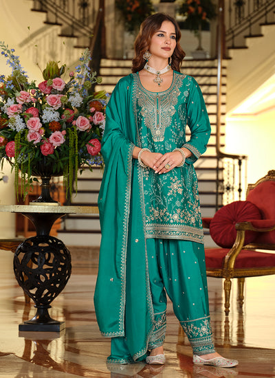 Turquoise Embroidered Chinnon Silk Patiala Suit