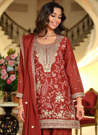 Rust Orange Embroidered Chinnon Silk Patiala Suit