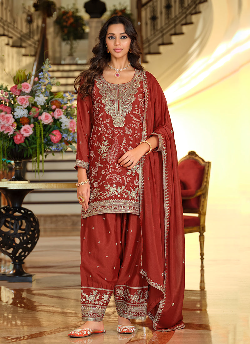 Rust Orange Embroidered Chinnon Silk Patiala Suit