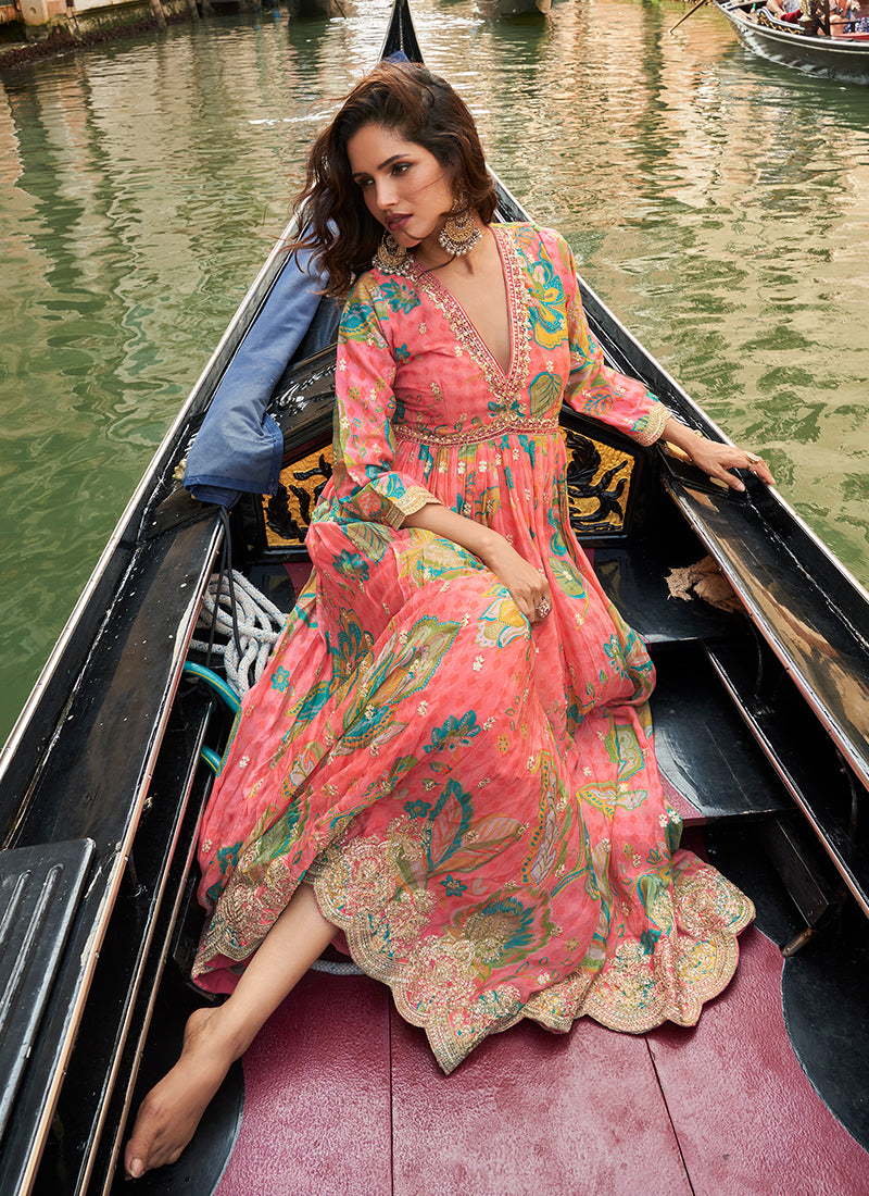 Peach Embroidered Printed Anarkali Gown