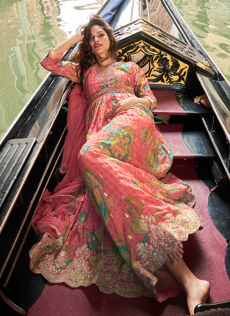 Peach Embroidered Printed Anarkali Gown