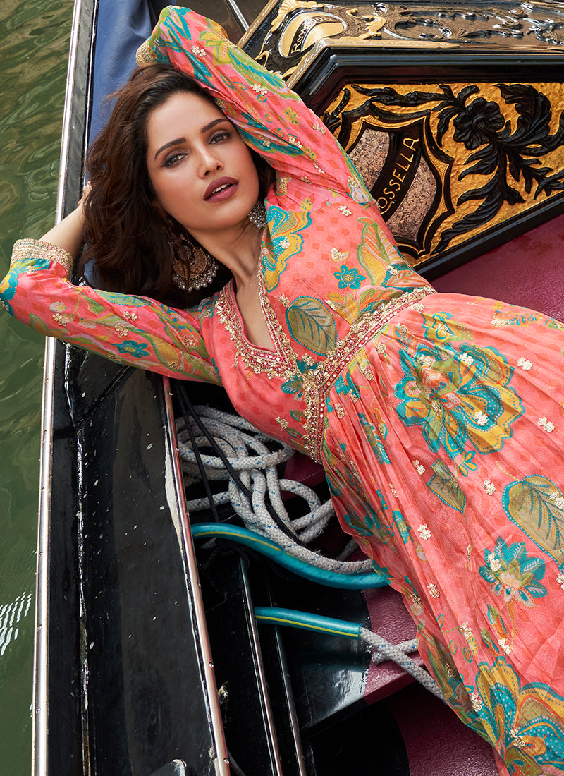 Peach Embroidered Printed Anarkali Gown