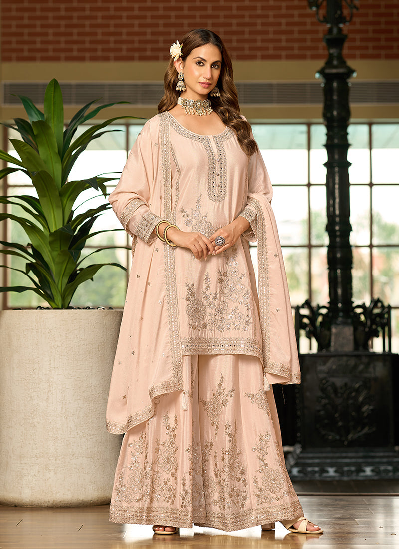 Peach Embroidered Chinnon Silk Palazzo Suit