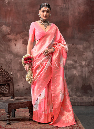Peach And Cream Silk Saree