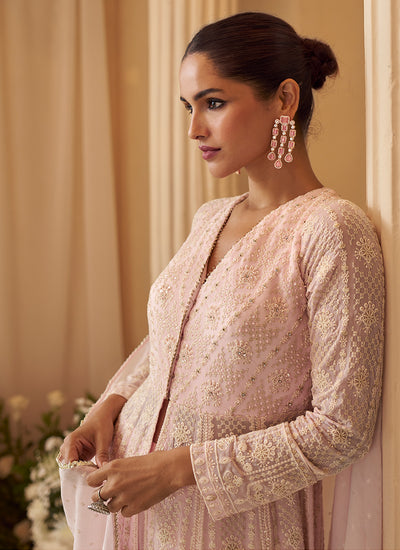 Pink Lucknowi Embroidered Slit Style Anarkali Palazzo Suit