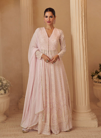 Pink Lucknowi Embroidered Slit Style Anarkali Palazzo Suit