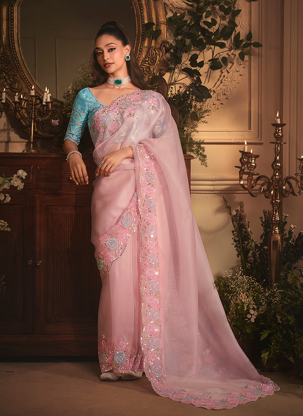 Pink And Firozi Embroidered Tissue Silk Saree