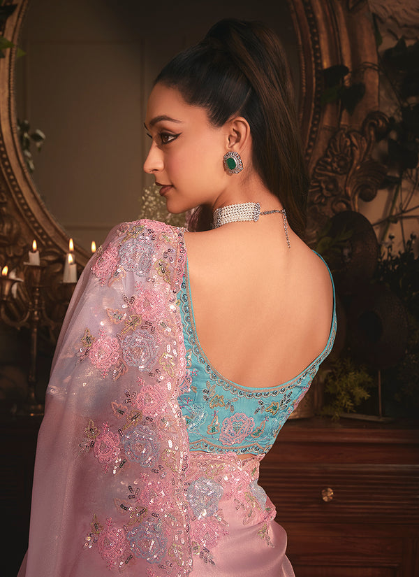 Pink And Firozi Embroidered Tissue Silk Saree