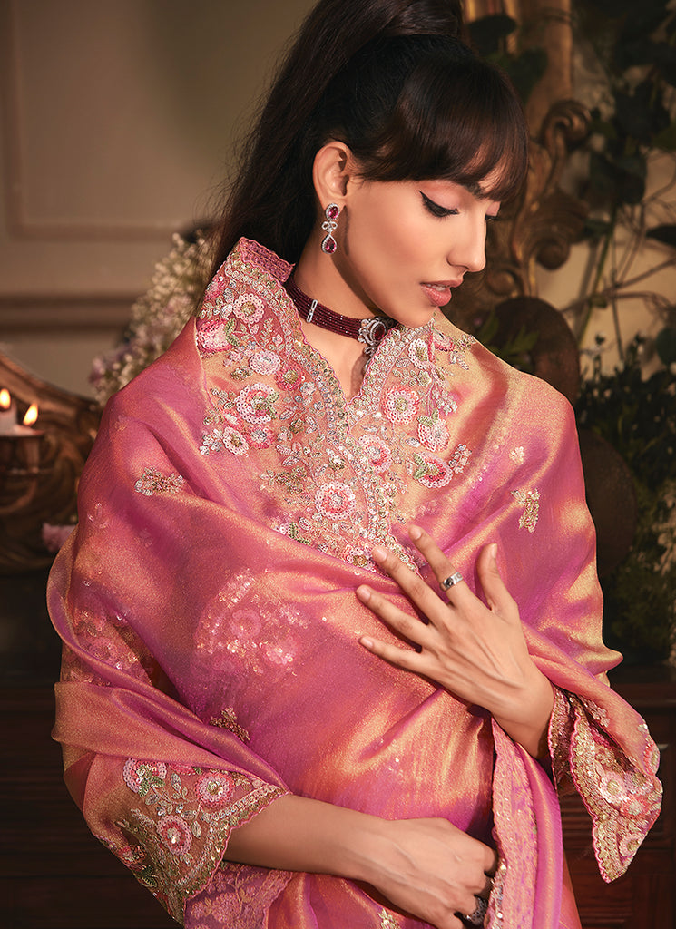 Shop Traditional Pink Tissue Silk Saree