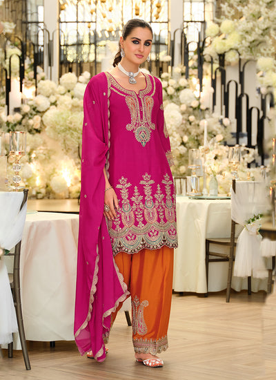 Pink And Orange Embroidered Farshi Shalwar Suit