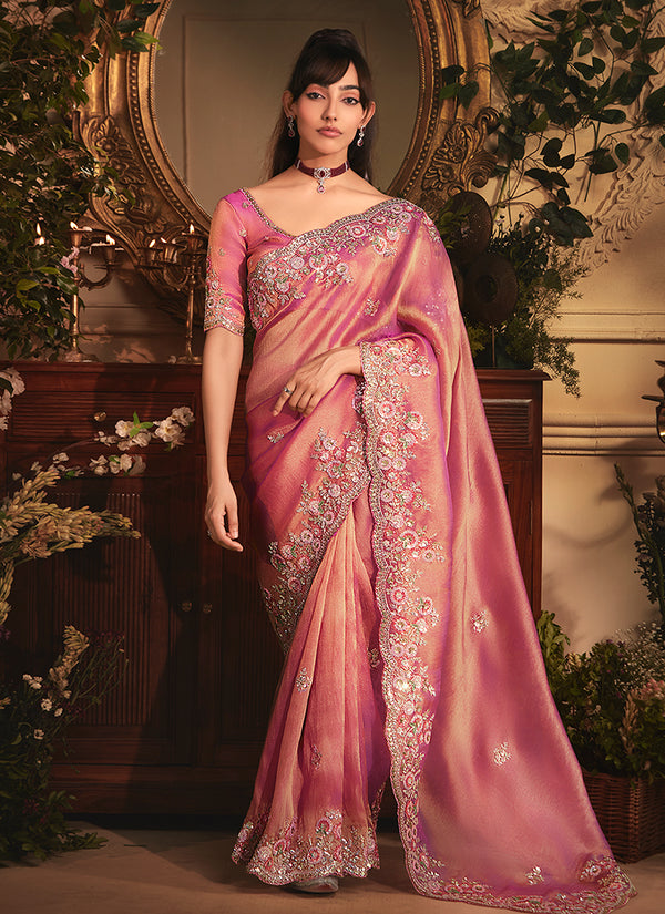 Salmon Pink Embroidered Tissue Silk Saree