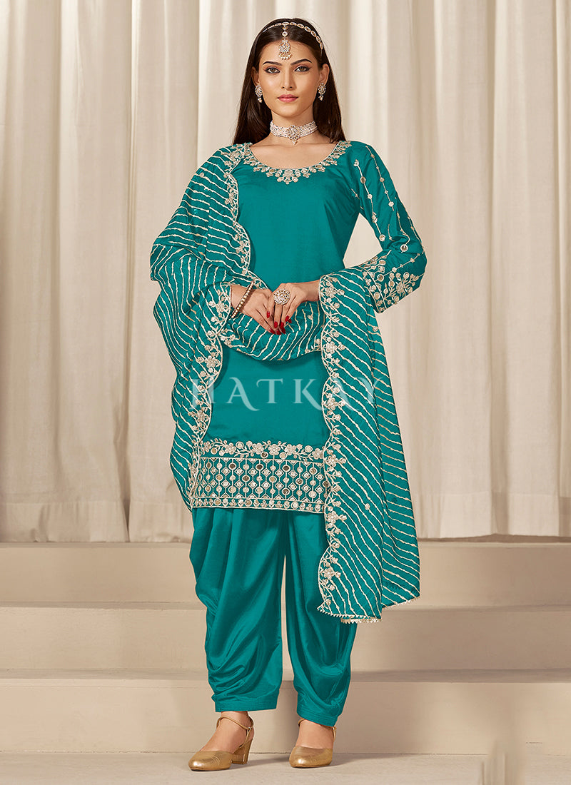 Turquoise Mirror Work Punjabi Patiala Suit