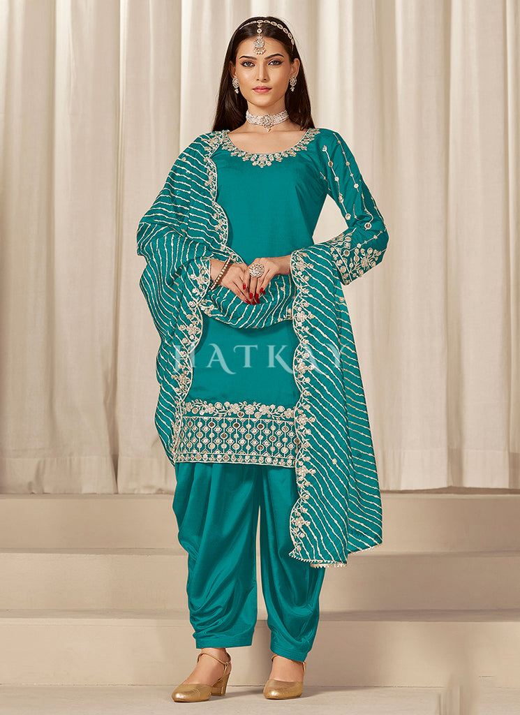 Turquoise Mirror Work Punjabi Patiala Suit