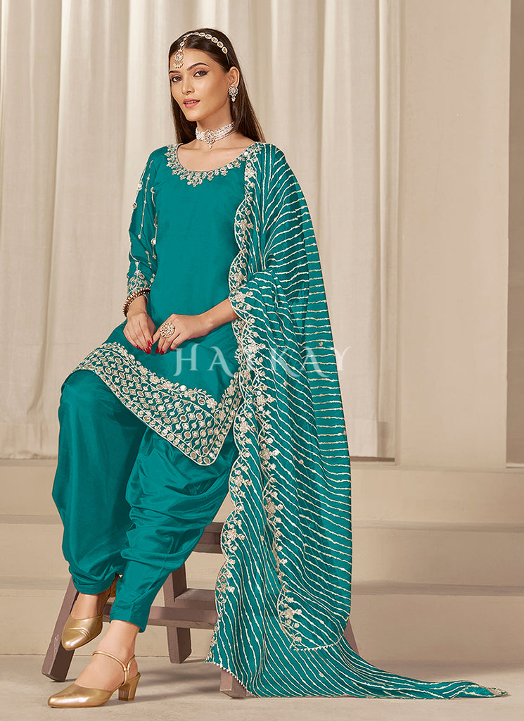 Turquoise Mirror Embroidered Indian Suit USA
