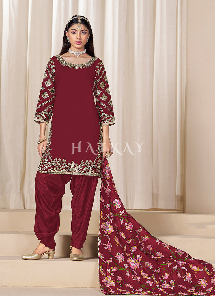 silk punjabi dress Custom Patiala Salwar Suit: Indian Satin Silk Punjabi Dress with Net Dupatta