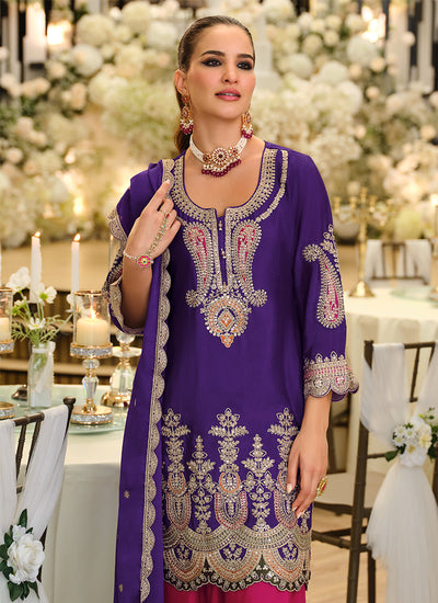 Purple and Pink Multi Embroidered Farshi Shalwar Suit
