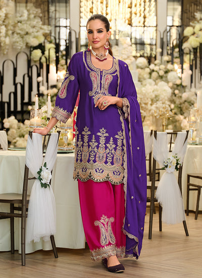 Purple And Pink Multi Embroidered Farshi Shalwar Suit