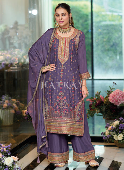 Purple Multi Embroidery Palazzo Suit