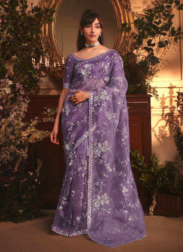 Mist Purple Embroidered Tissue Silk Saree