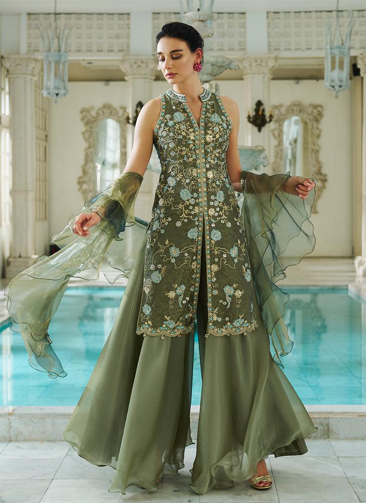 Shop Olive Mist Sharara Set Online At Hatkay