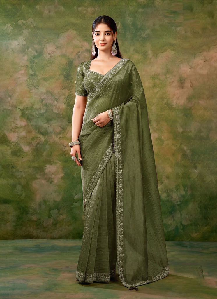 Olive Green Embroidered Tissue Organza Saree