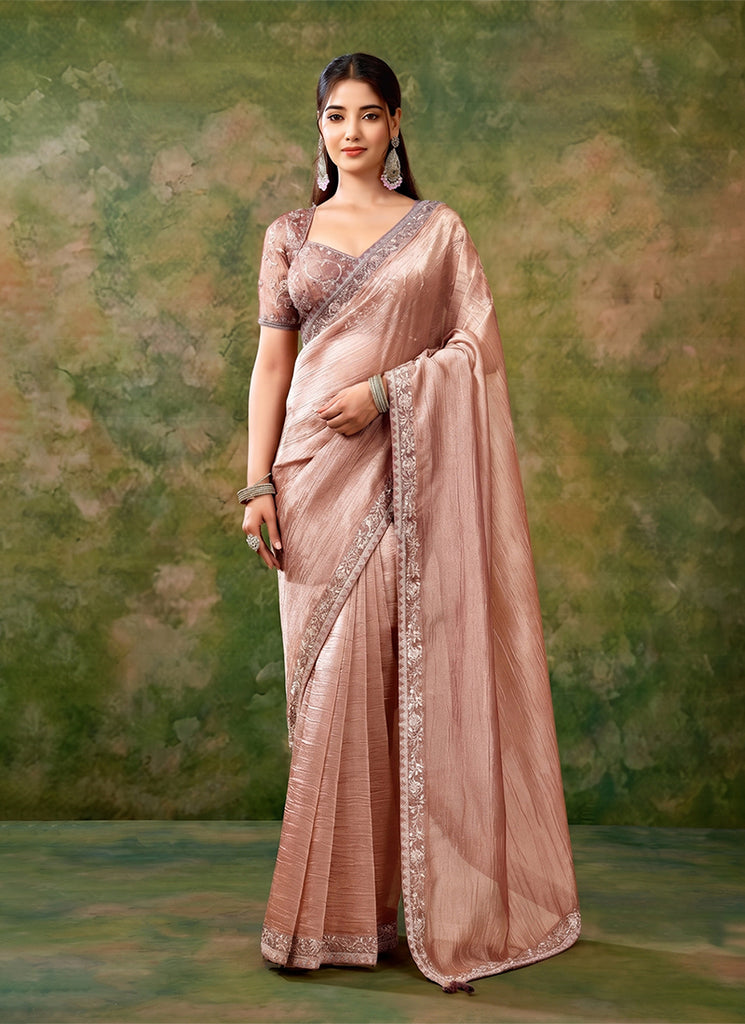 Peach Embroidered Tissue Organza Saree