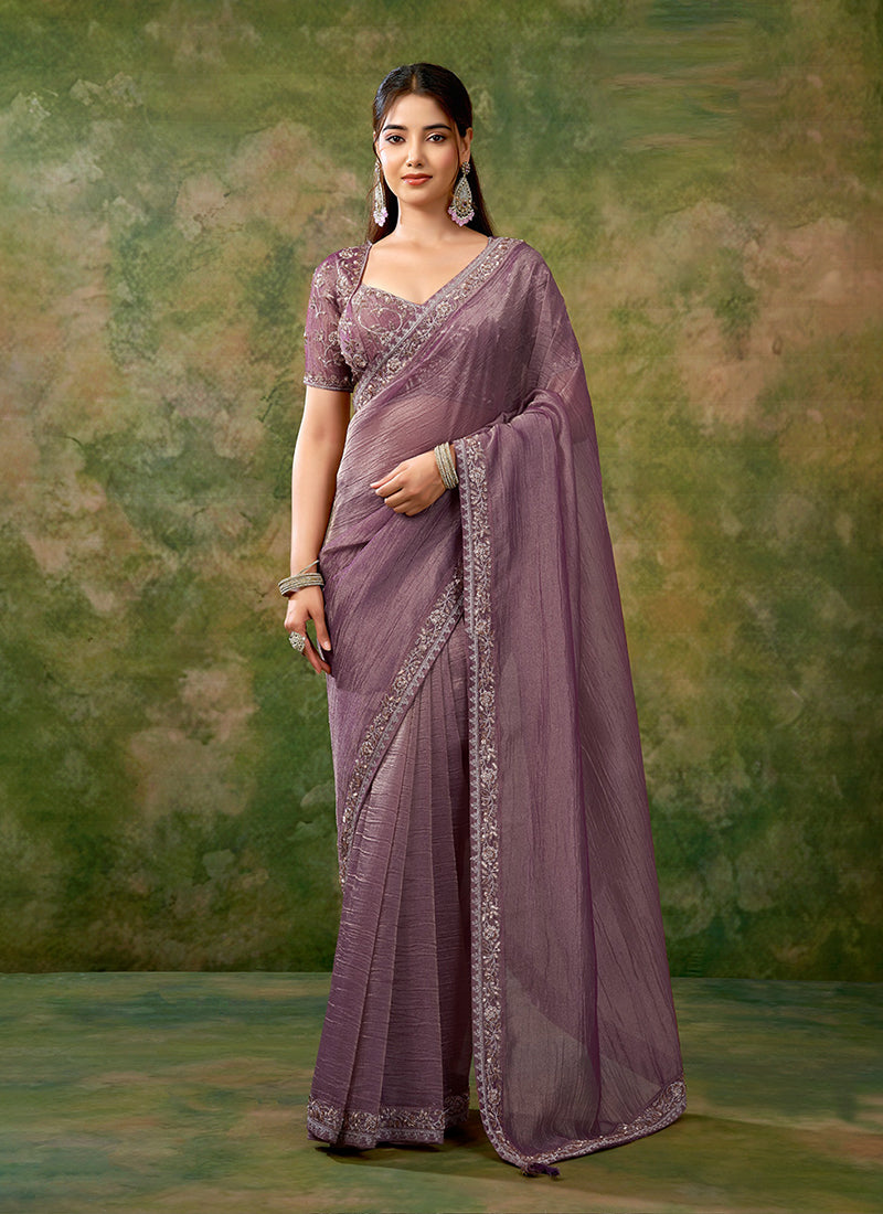 Mauve Purple Embroidered Tissue Organza Saree