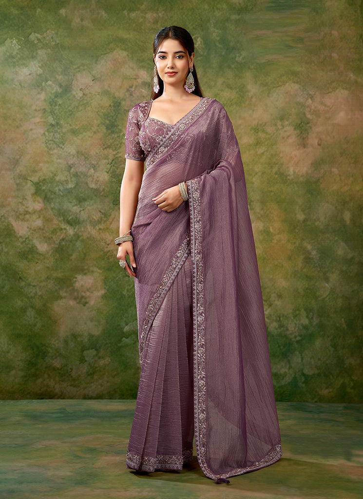 Mauve Purple Embroidered Tissue Organza Saree