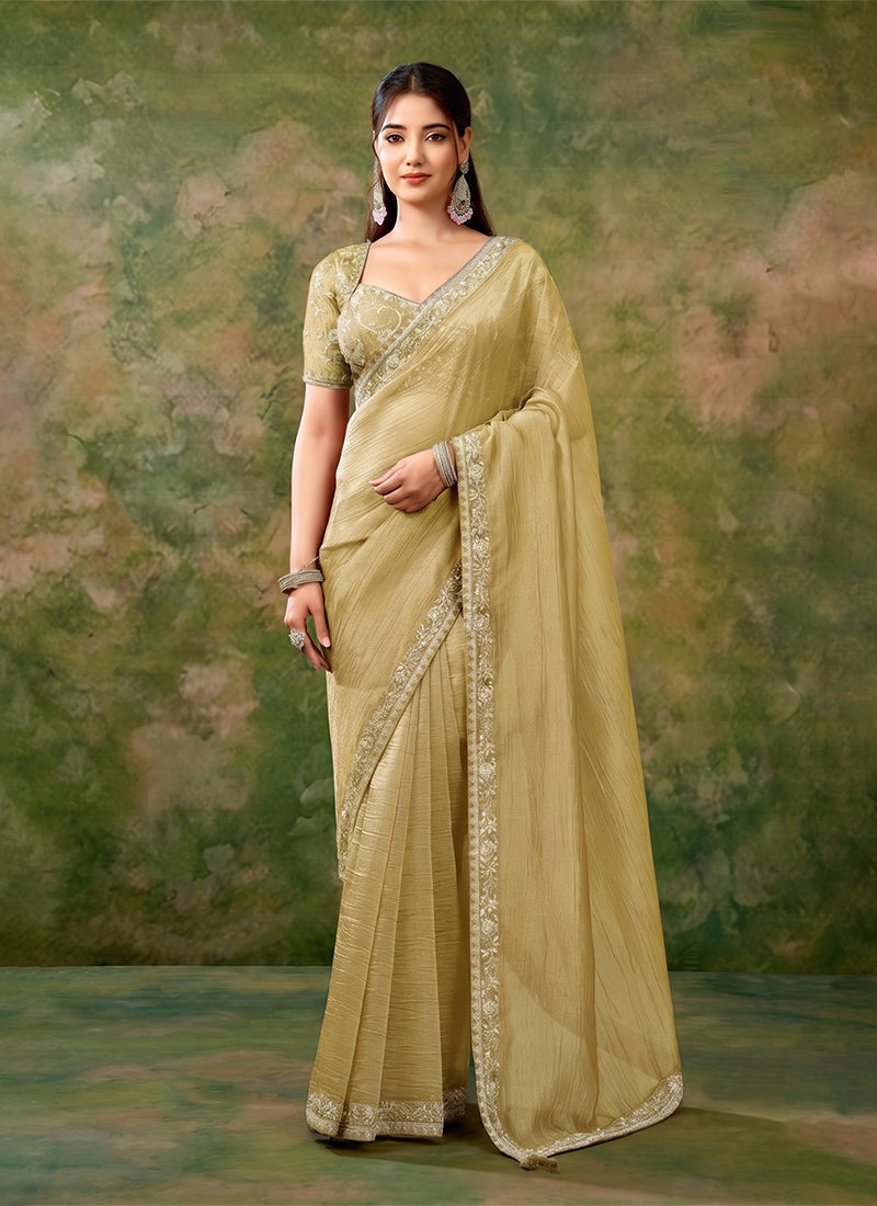 Golden Yellow Embroidered Tissue Organza Saree